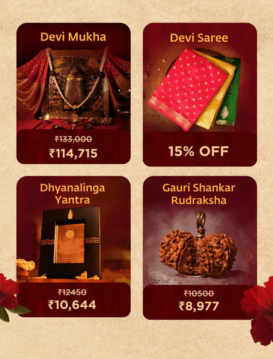 Isha Life Navratri offerings: Devi Mukha ₹114,715 (was ₹133,000), Devi Saree 15% off, Dhyanalinga Yantra ₹10,644 (was ₹12,450), Gauri Shankar Rudraksha ₹8,977 (was ₹10,500)